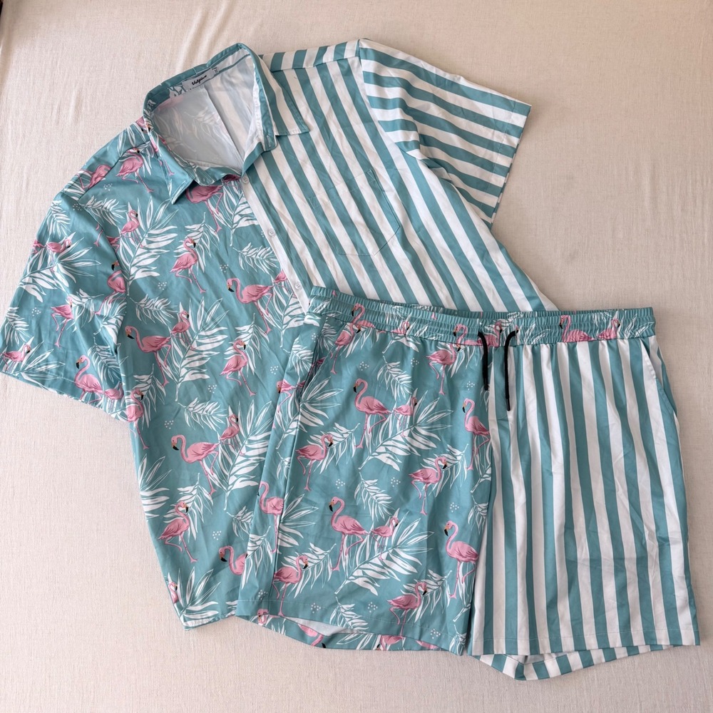 VATPAVE Flamingo Tropical Matching Shirt Shorts Set XXL Hawaiian Beach